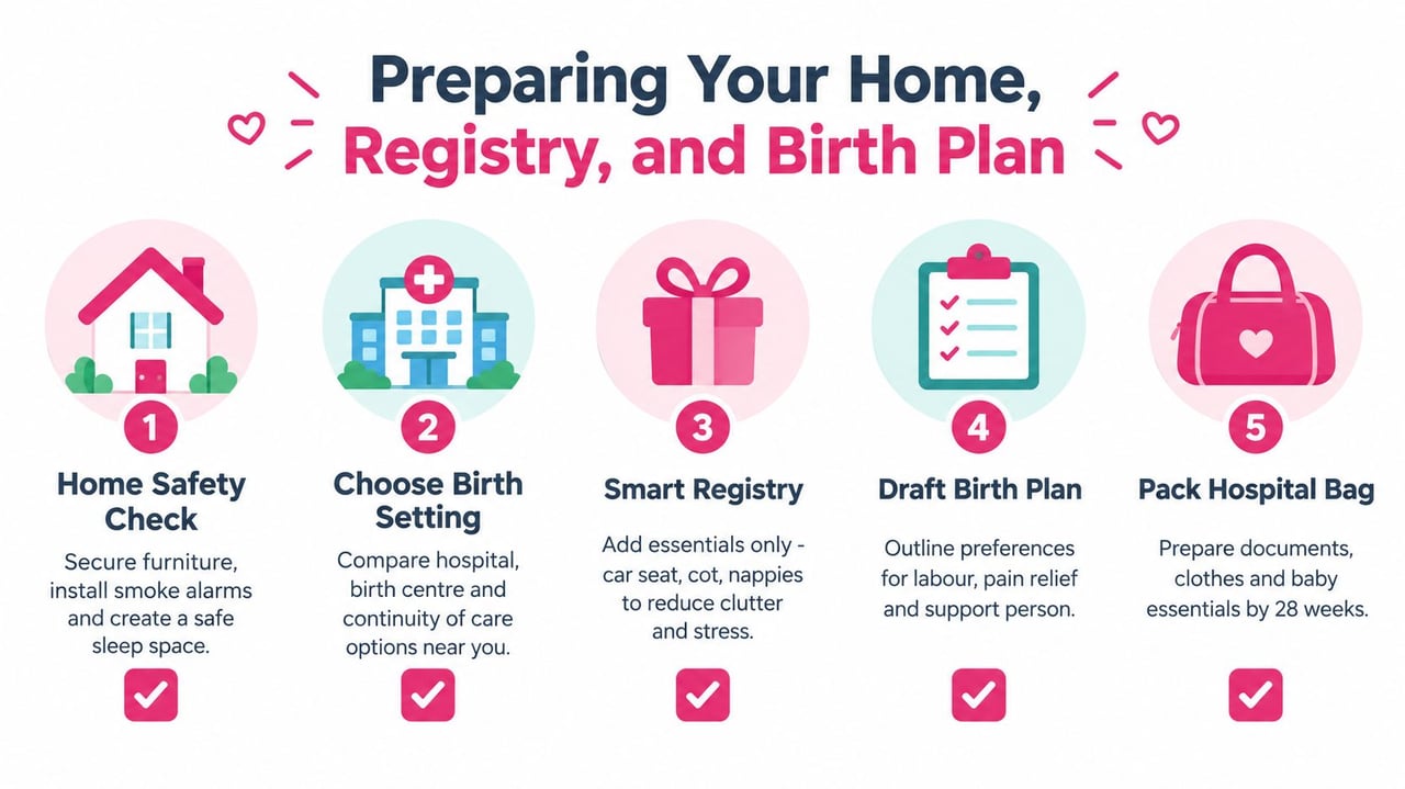 A checklist infographic titled Preparing Your Home, Registry, and Birth Plan for expecting parents.