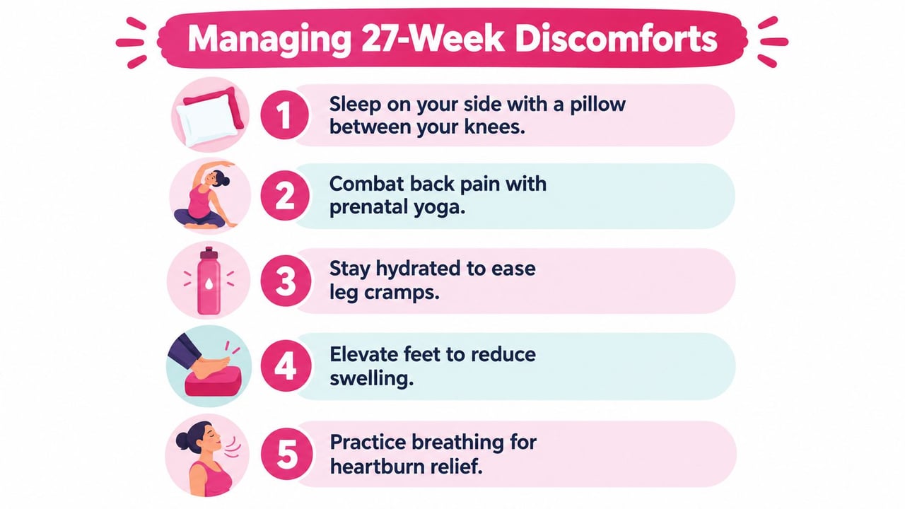 A list of five tips for managing common physical discomforts experienced by women who are 27 weeks pregnant.