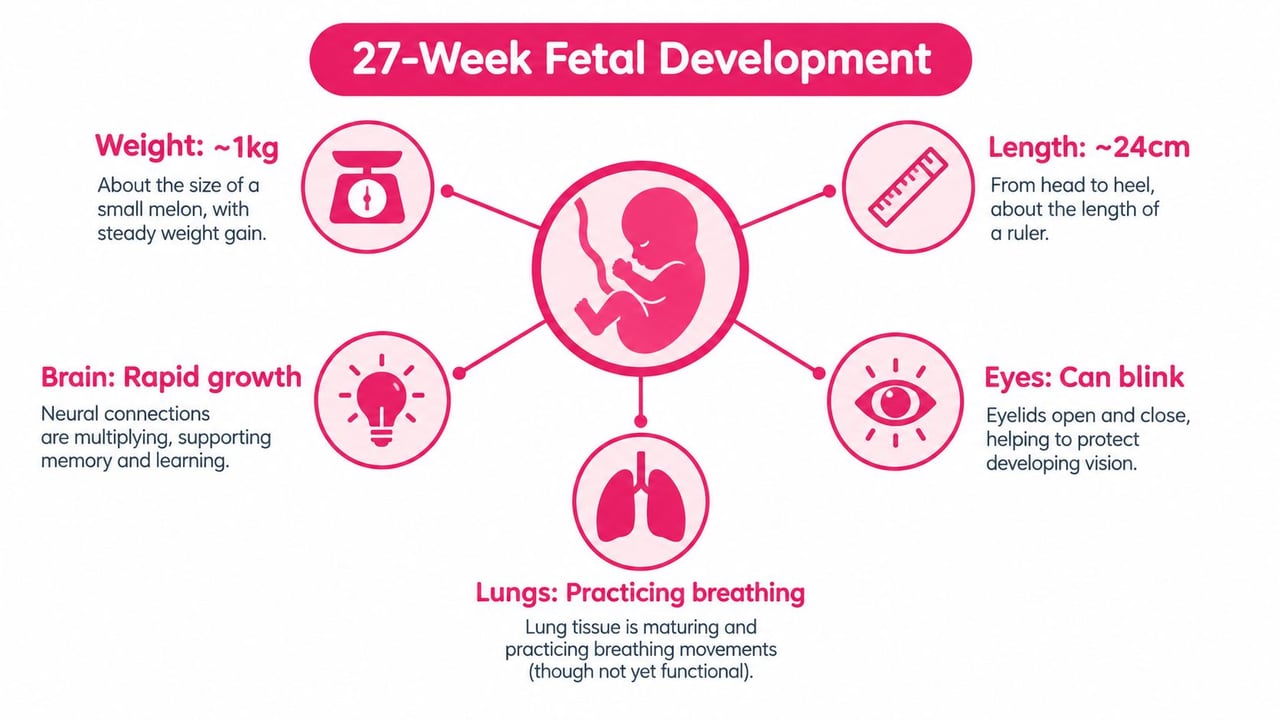 An infographic detailing fetal development at 27 weeks including weight, length, brain, eyes, and lung progress.