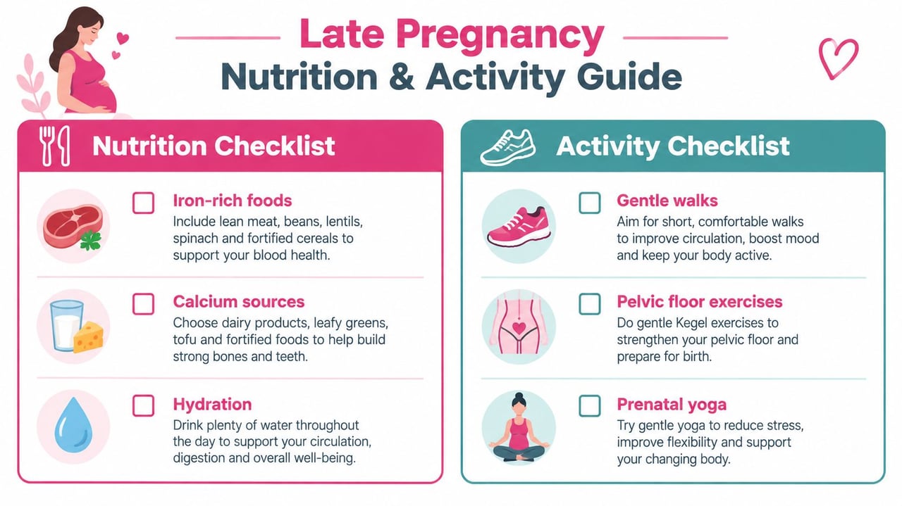 A late pregnancy guide featuring nutritional advice and recommended physical activities for expectant mothers' well-being.