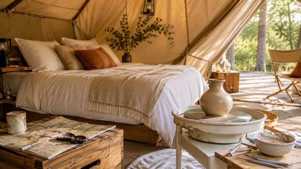 A cozy glamping tent featuring a comfortable bed, a pottery wheel, and a map, perfect for romantic experiences.