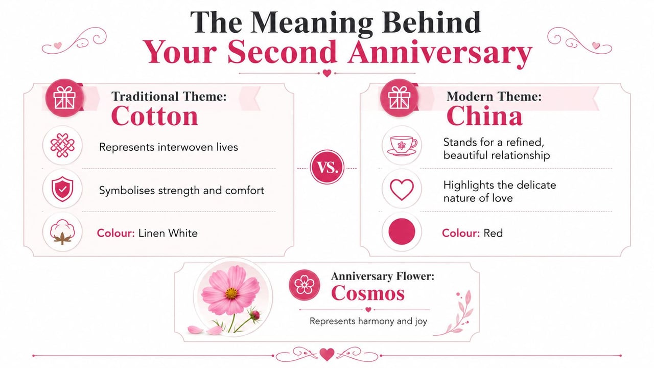 An infographic detailing themes, colors, and the anniversary flower for a second wedding anniversary celebration.