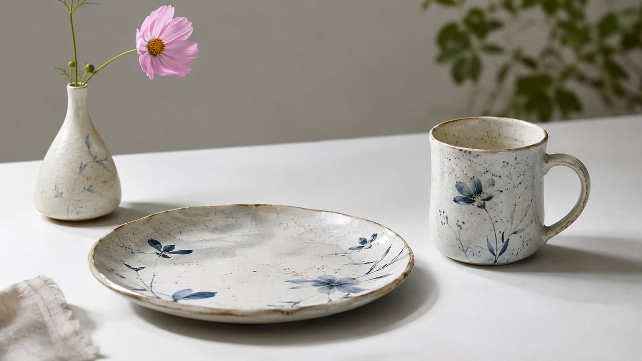 A ceramic plate and mug featuring delicate blue flower patterns, with a single pink flower in a vase.