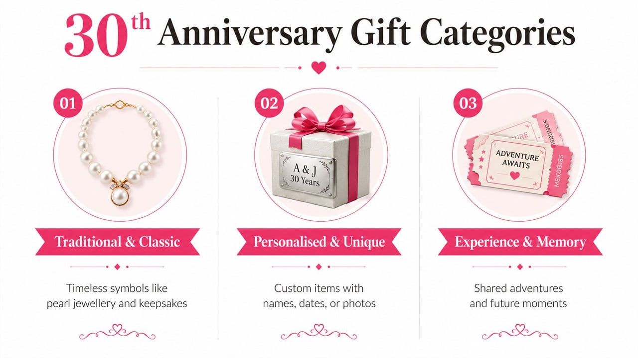 A graphic illustration detailing three categories for thirtieth wedding anniversary gifts featuring pearls, personalized presents, and shared experiences.