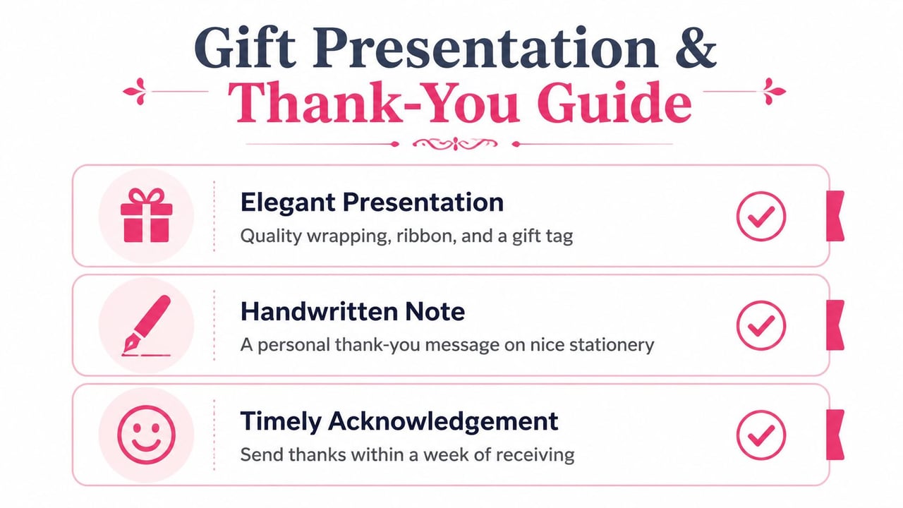 A infographic titled Gift Presentation and Thank-You Guide displaying tips for packaging and sending thank you notes.