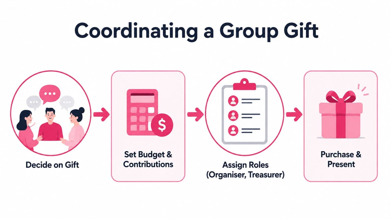 A four-step infographic illustrating how to coordinate a group gift with friends and colleagues.
