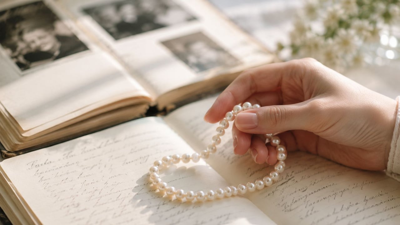 A hand holds a delicate pearl necklace over an open antique diary with handwritten vintage notes.