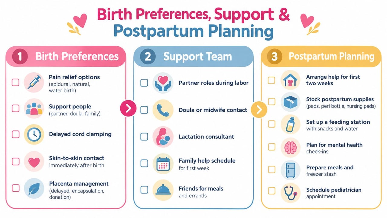 A checklist for birth preferences, support team roles, and postpartum planning for expectant parents at 39 weeks.