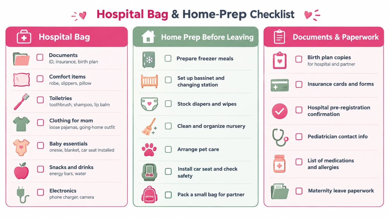 A comprehensive hospital bag and home preparation checklist for expecting parents preparing for a new baby.