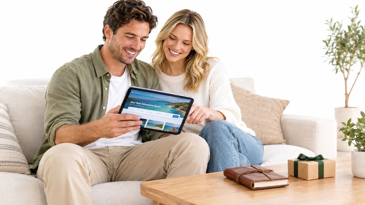 A happy couple sitting on a sofa looking at a travel website on a digital tablet together.