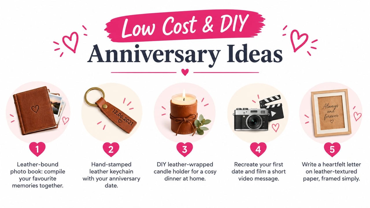An infographic showing five low cost and DIY anniversary gift ideas, featuring leather-themed items and romantic gestures.