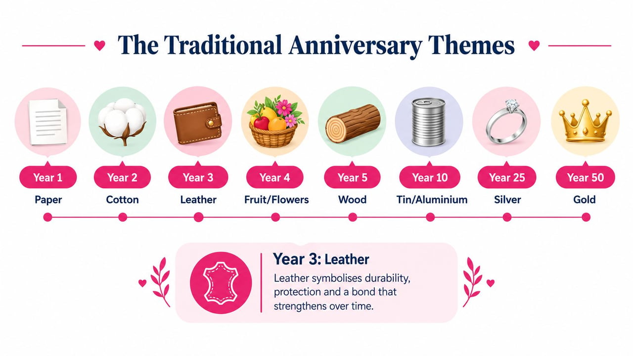 An infographic showing traditional wedding anniversary themes including paper, cotton, leather, fruit, wood, tin, silver, and gold.
