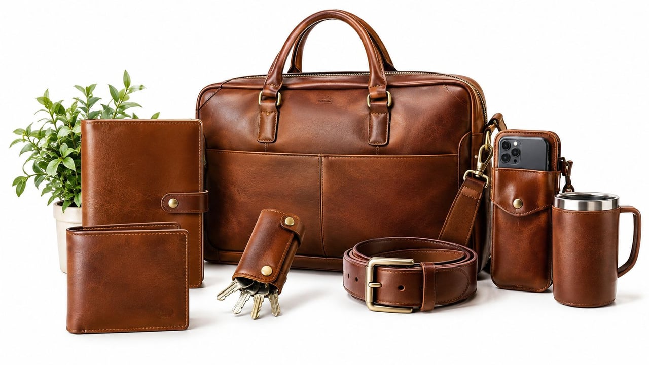 A curated collection of premium leather goods including a briefcase, wallet, belt, and accessories on a white surface.