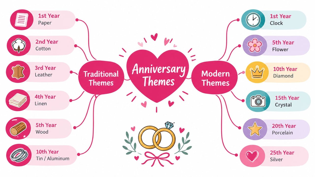 An infographic showing traditional and modern gift themes for various wedding anniversary years from one to twenty-five.