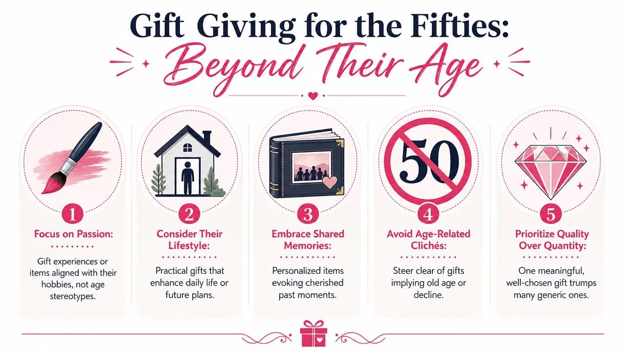 An infographic titled Gift Giving for the Fifties featuring five tips for choosing thoughtful presents.