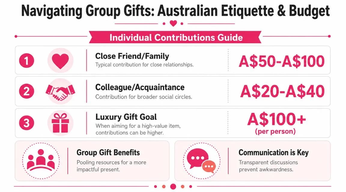 An infographic titled Navigating Group Gifts outlining Australian etiquette and suggested contribution budget ranges for different relationships.