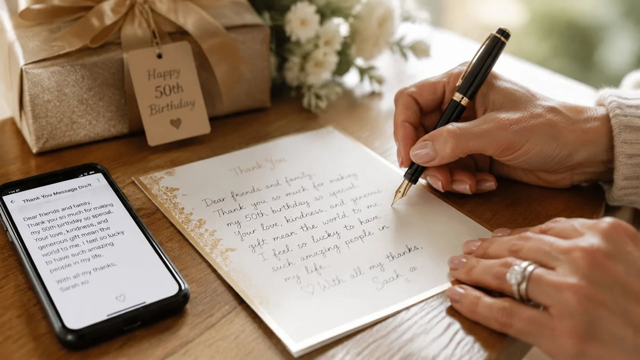 A person handwrites a heartfelt thank you note for their 50th birthday next to a smartphone.
