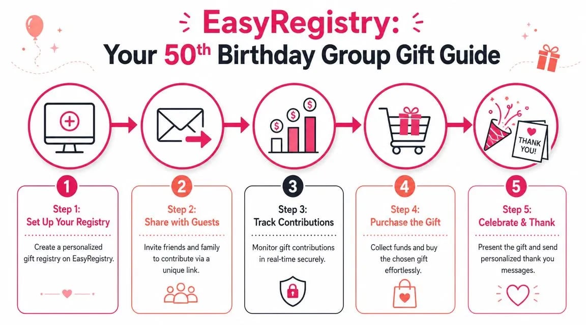 A step-by-step infographic titled EasyRegistry explaining how to organize 50th birthday group gifts online.