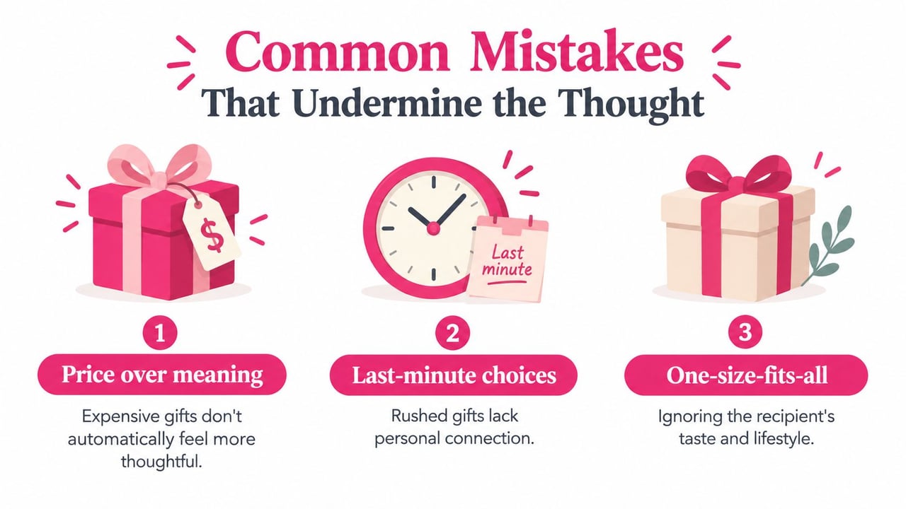 An infographic titled Common Mistakes That Undermine the Thought showing three common gift giving errors to avoid.
