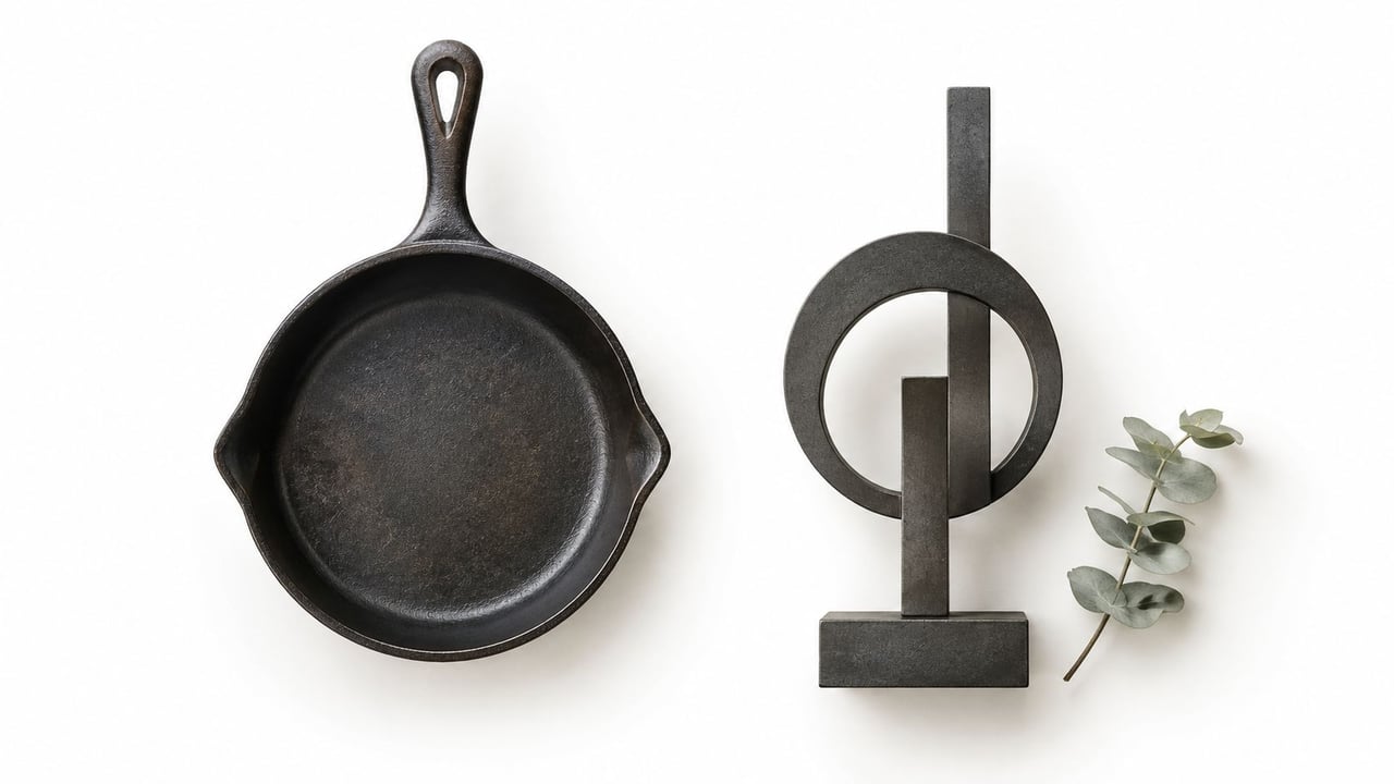 A top-down view of a cast iron skillet, a geometric metal sculpture, and a small eucalyptus sprig.