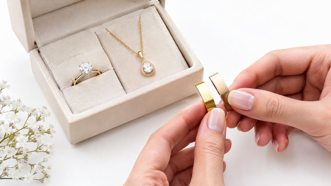 A pair of hands holding two simple gold wedding bands next to a jewelry box with rings