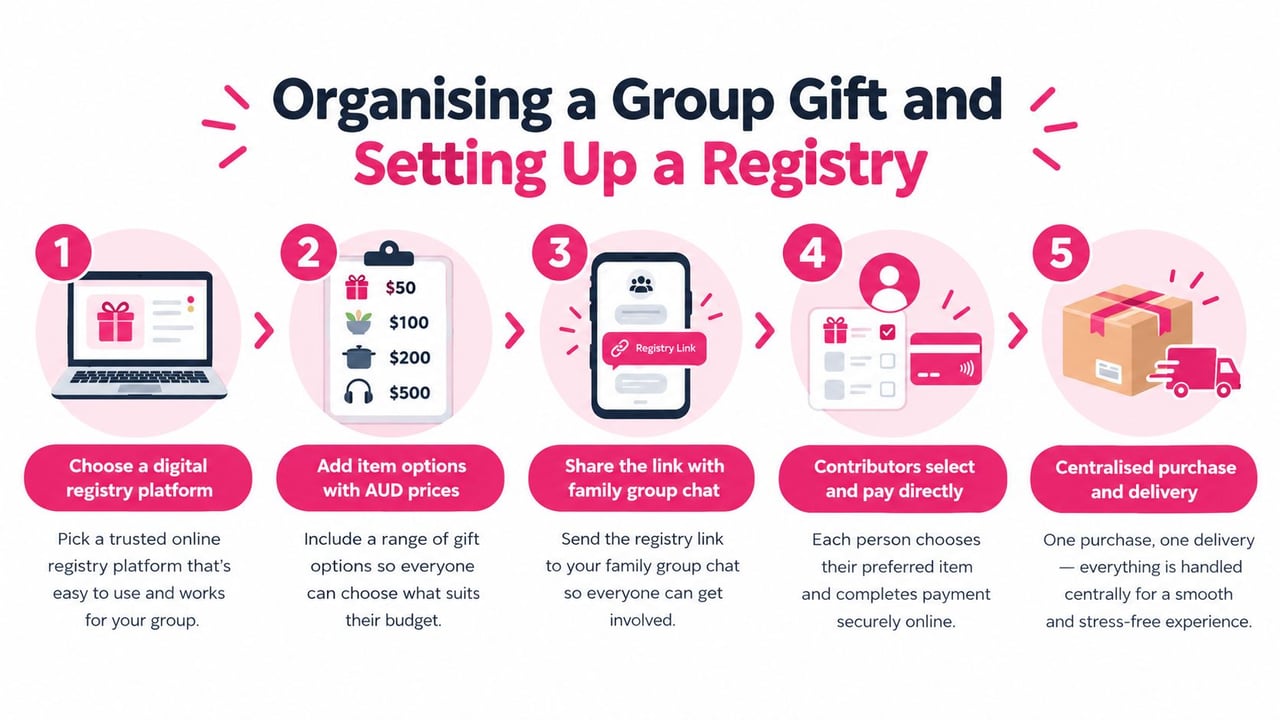 An infographic illustrating five easy steps for organizing a group gift using an online registry platform.