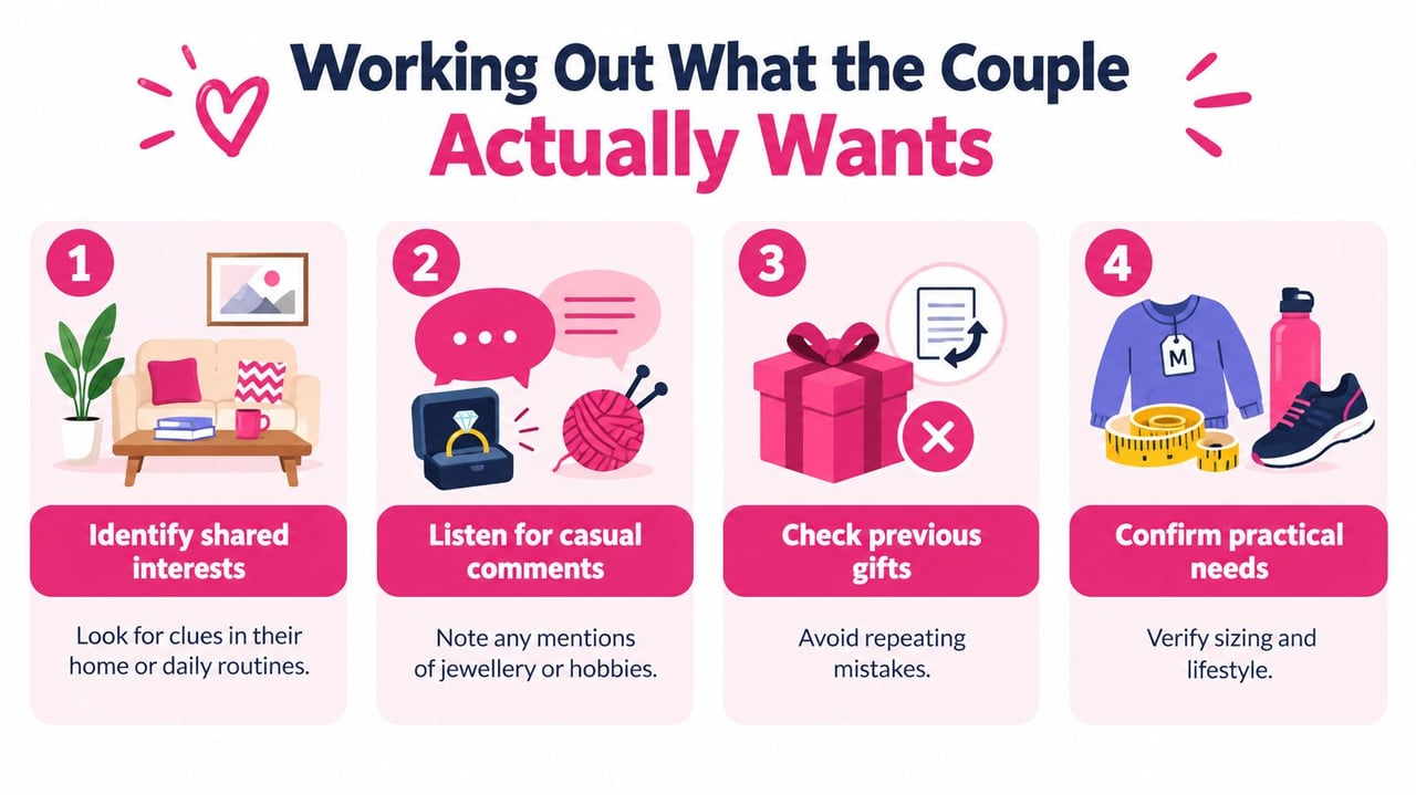 An infographic titled Working Out What the Couple Actually Wants, illustrating four steps for choosing couple gifts.