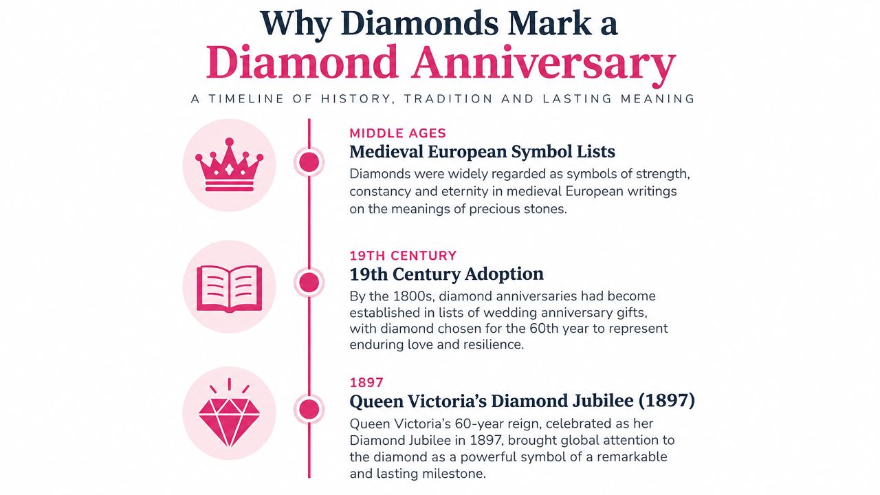 A timeline infographic explaining the historical meaning and traditions behind celebrating a 60th diamond wedding anniversary.