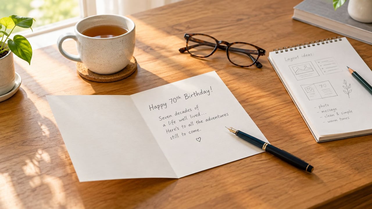 A 70th birthday greeting card lies open on a wooden desk with a pen, glasses, and tea.