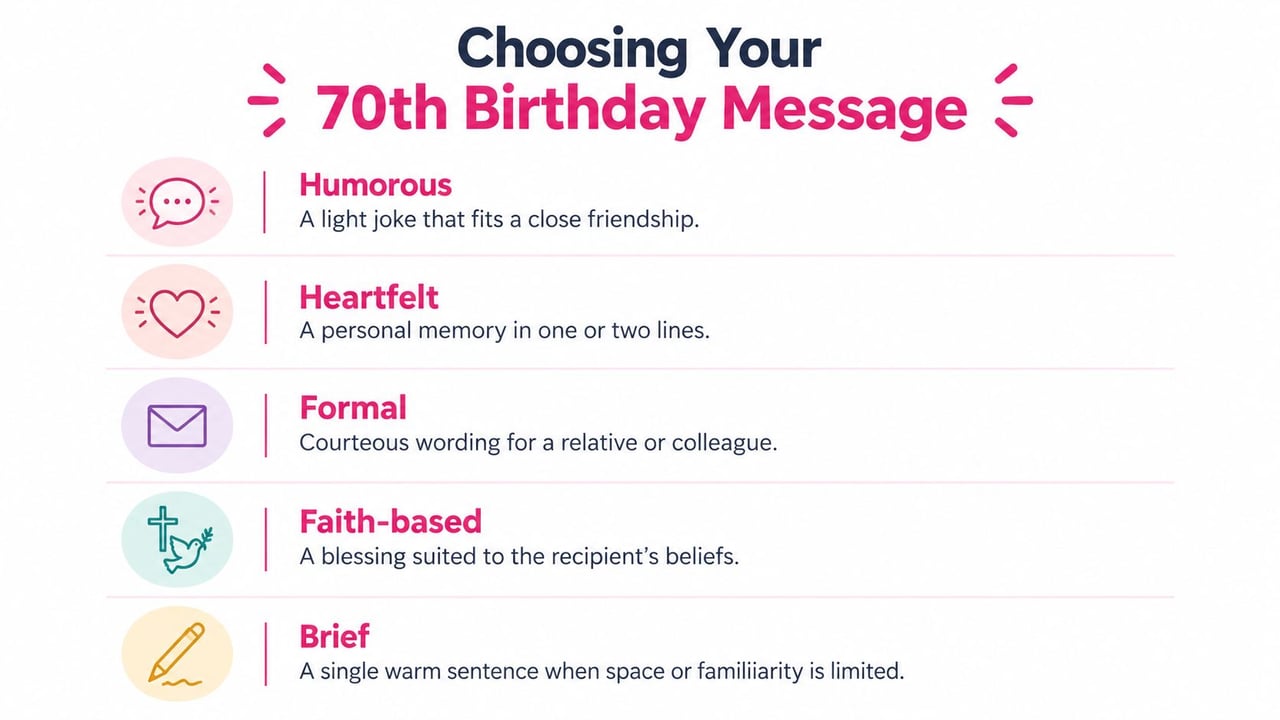 An infographic titled Choosing Your 70th Birthday Message with five categories for writing birthday cards.
