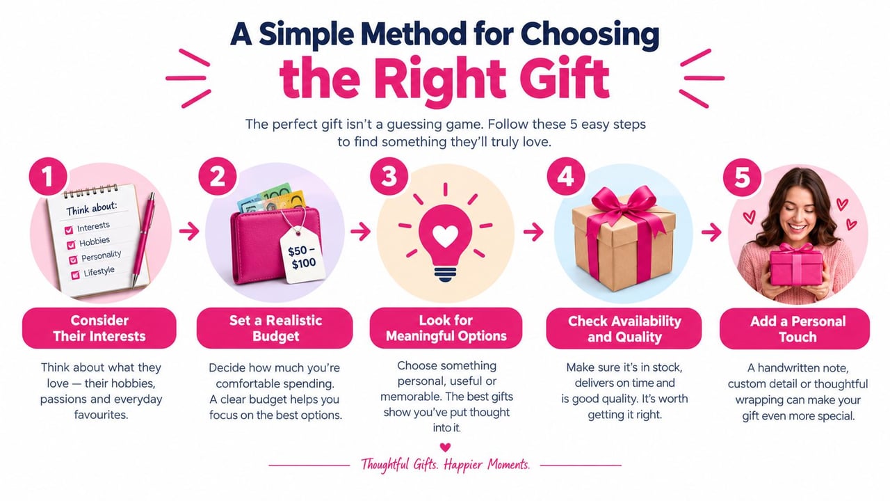 A five-step infographic guide explaining how to choose the right gift for someone special.