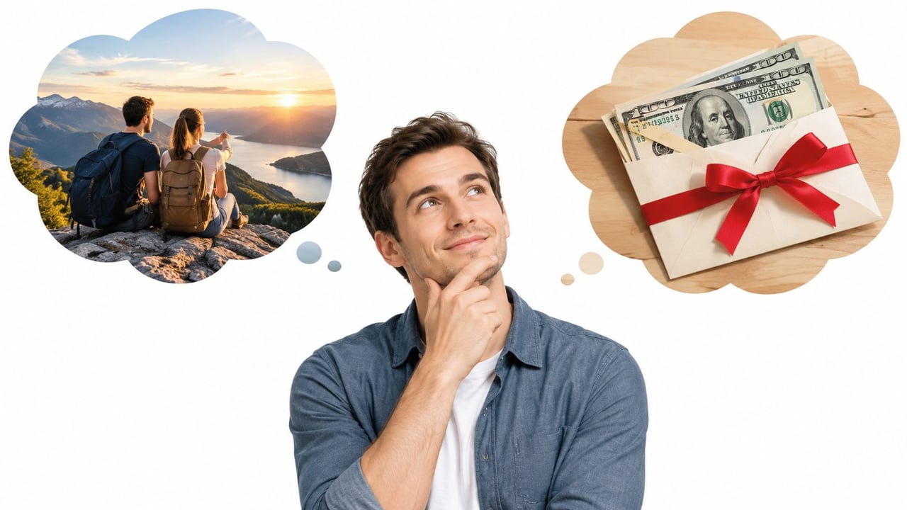 A young man thoughtfully considering options between a scenic travel trip and a cash anniversary gift.