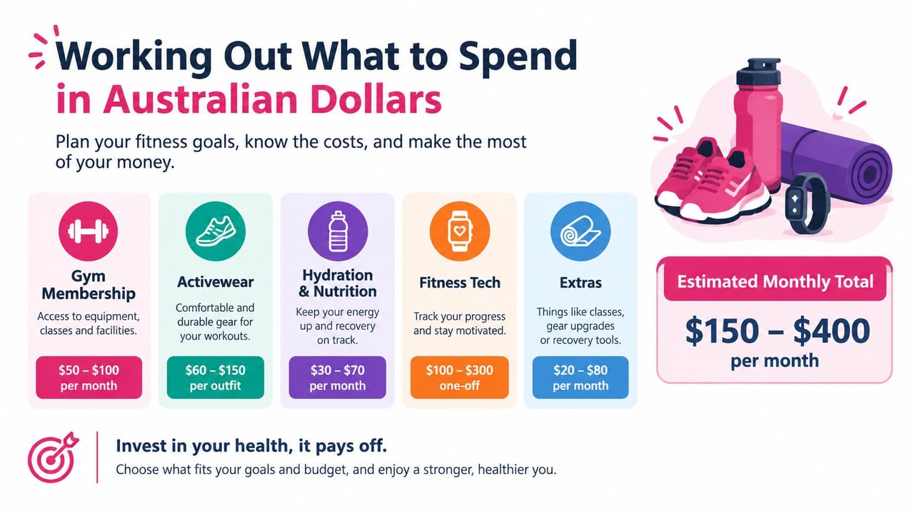 A visual guide outlining the estimated monthly costs in Australian dollars for various fitness activities and gear.