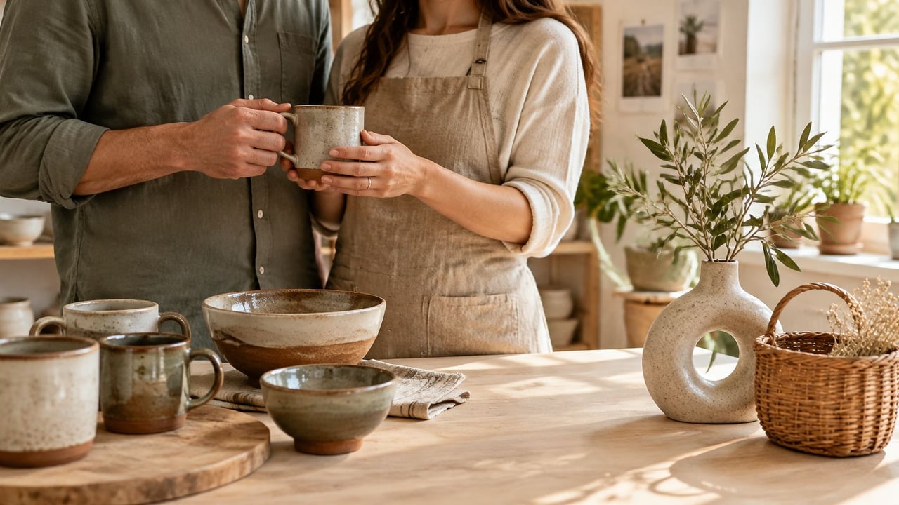 A couple in a pottery studio holding a handmade ceramic mug, celebrating their creative shared hobby.