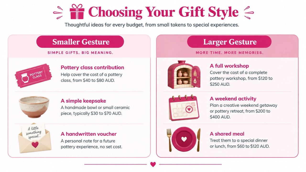A gift guide infographic comparing small pottery-themed gesture gifts with larger, more involved creative experience gifts.