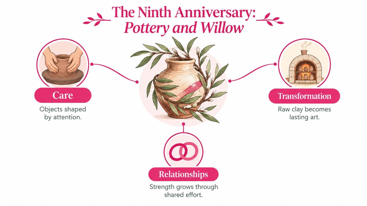 A thematic graphic illustrating 9th wedding anniversary themes of pottery and willow, highlighting care, transformation, and relationships.