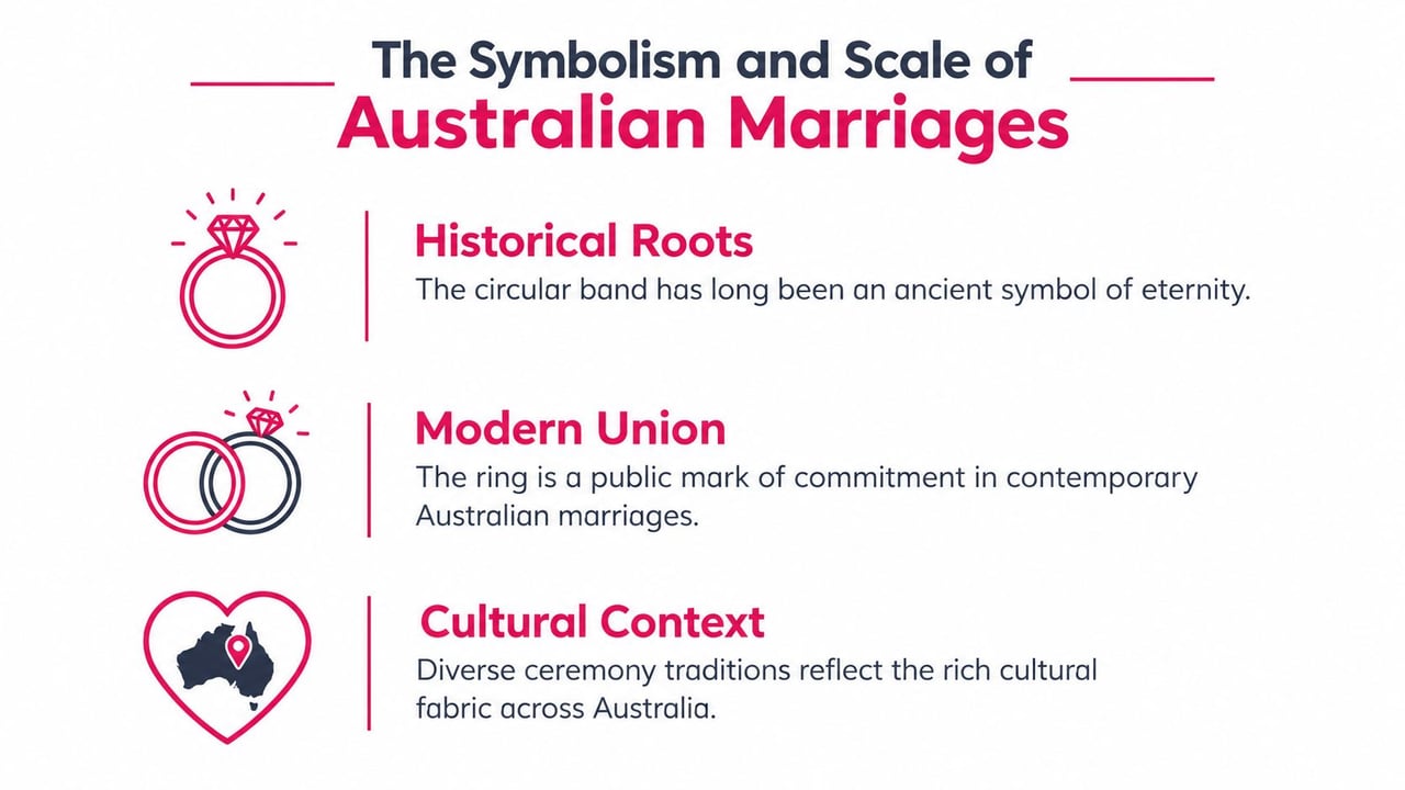 An infographic titled The Symbolism and Scale of Australian Marriages, featuring icons for historical, modern, and cultural contexts.