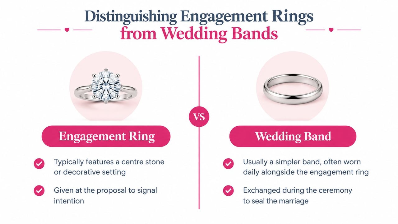 An infographic comparing features of an engagement ring with a center stone and a simple wedding band.