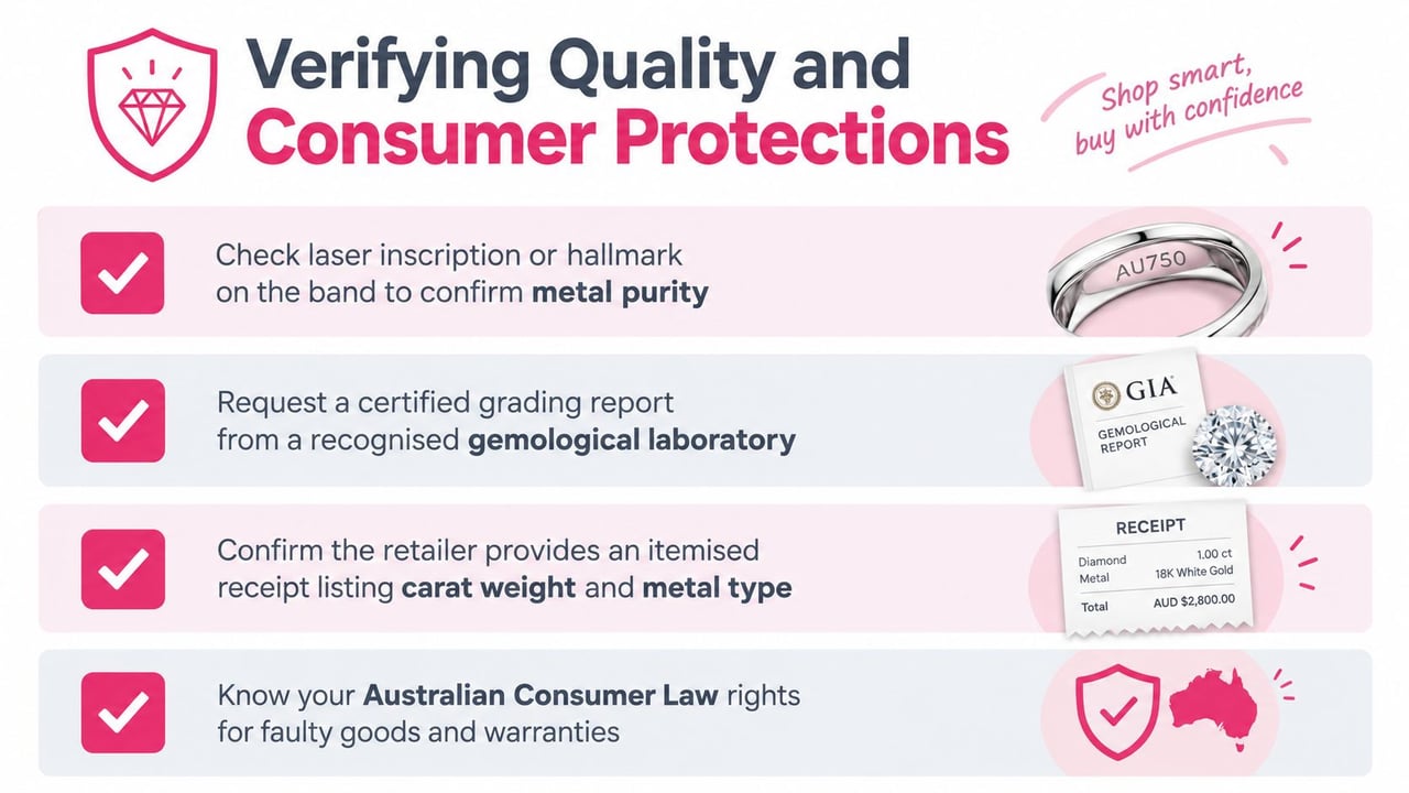 An infographic titled Verifying Quality and Consumer Protections, illustrating four essential steps for purchasing jewelry safely.