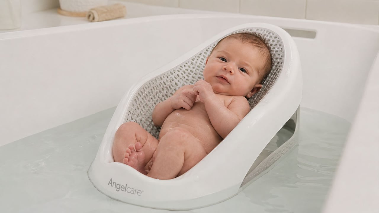 A newborn baby lying comfortably in a white mesh Angelcare bath support inside a bathtub.