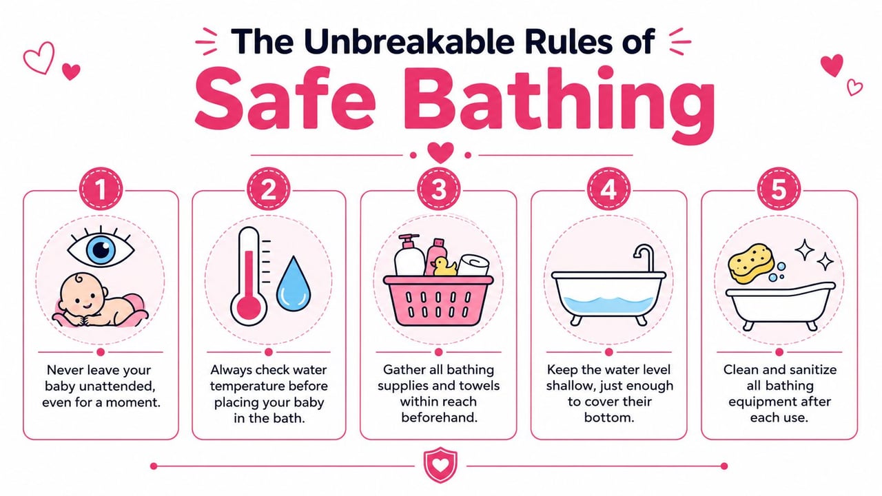 An infographic titled The Unbreakable Rules of Safe Bathing with five numbered tips for newborn bath safety.