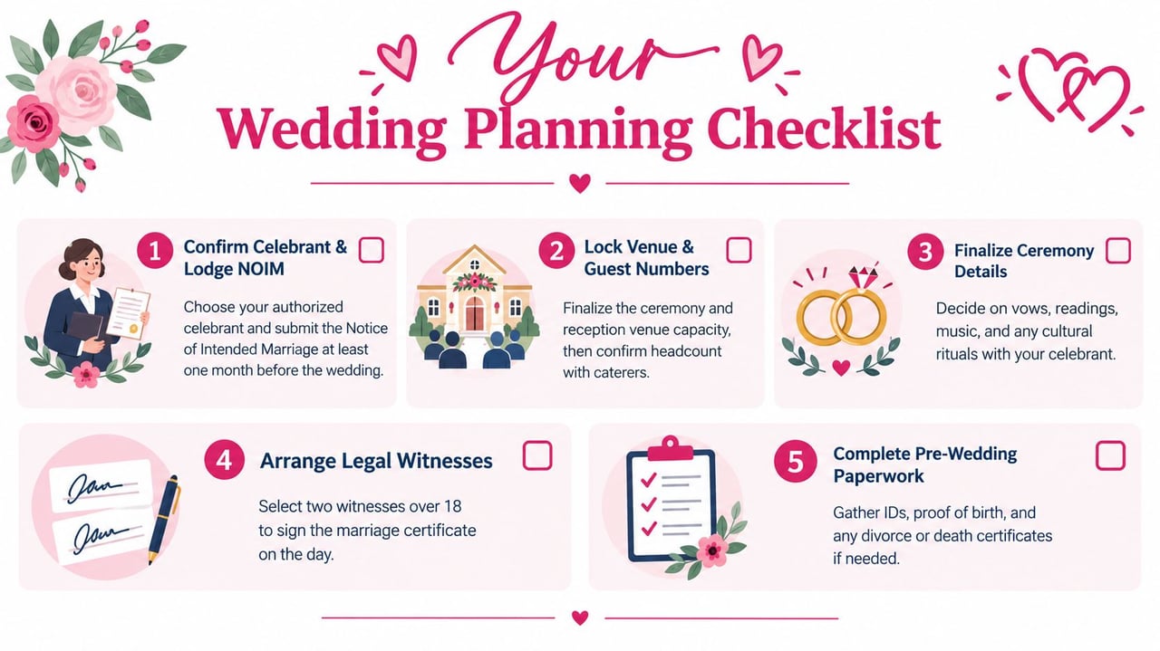 A wedding planning checklist infographic showing five essential steps to organize an Australian marriage ceremony.