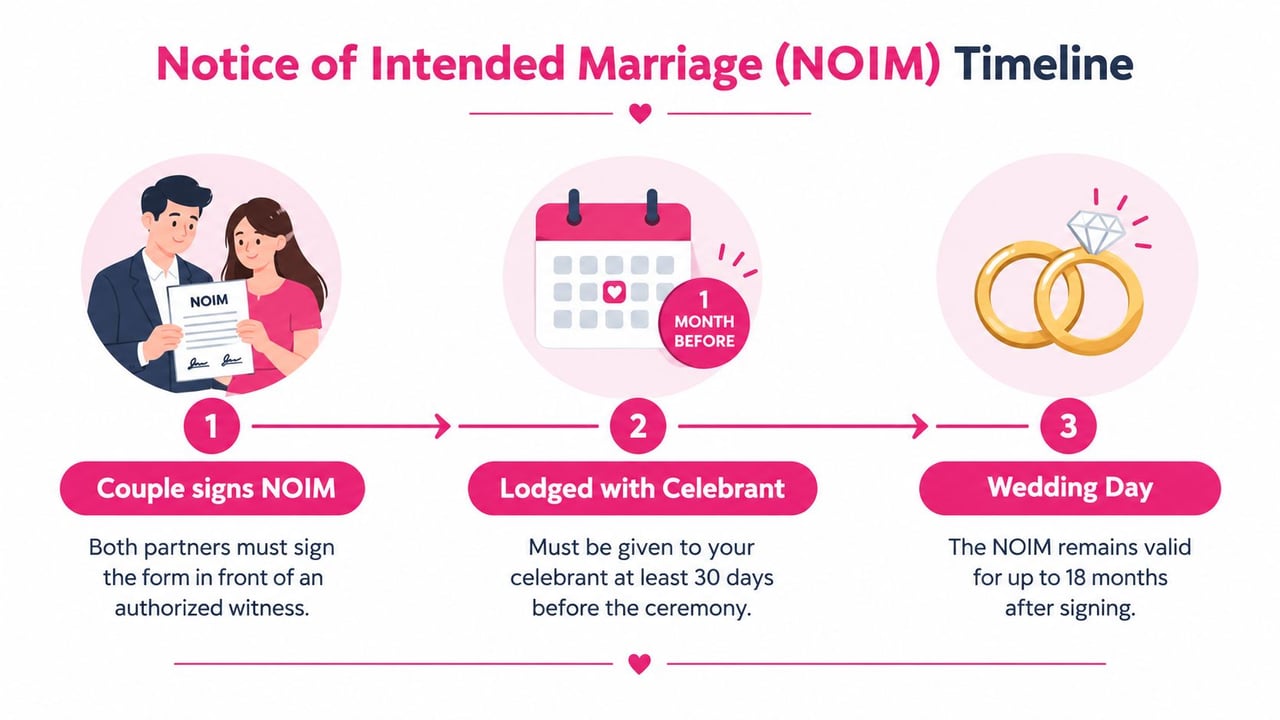 A visual timeline infographic explaining the three-step process for filing a Notice of Intended Marriage form.