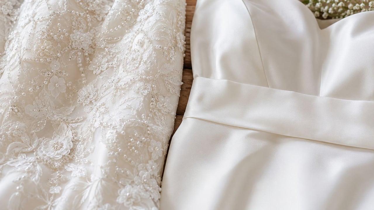 A close-up view of a detailed lace wedding dress next to a smooth satin wedding dress.