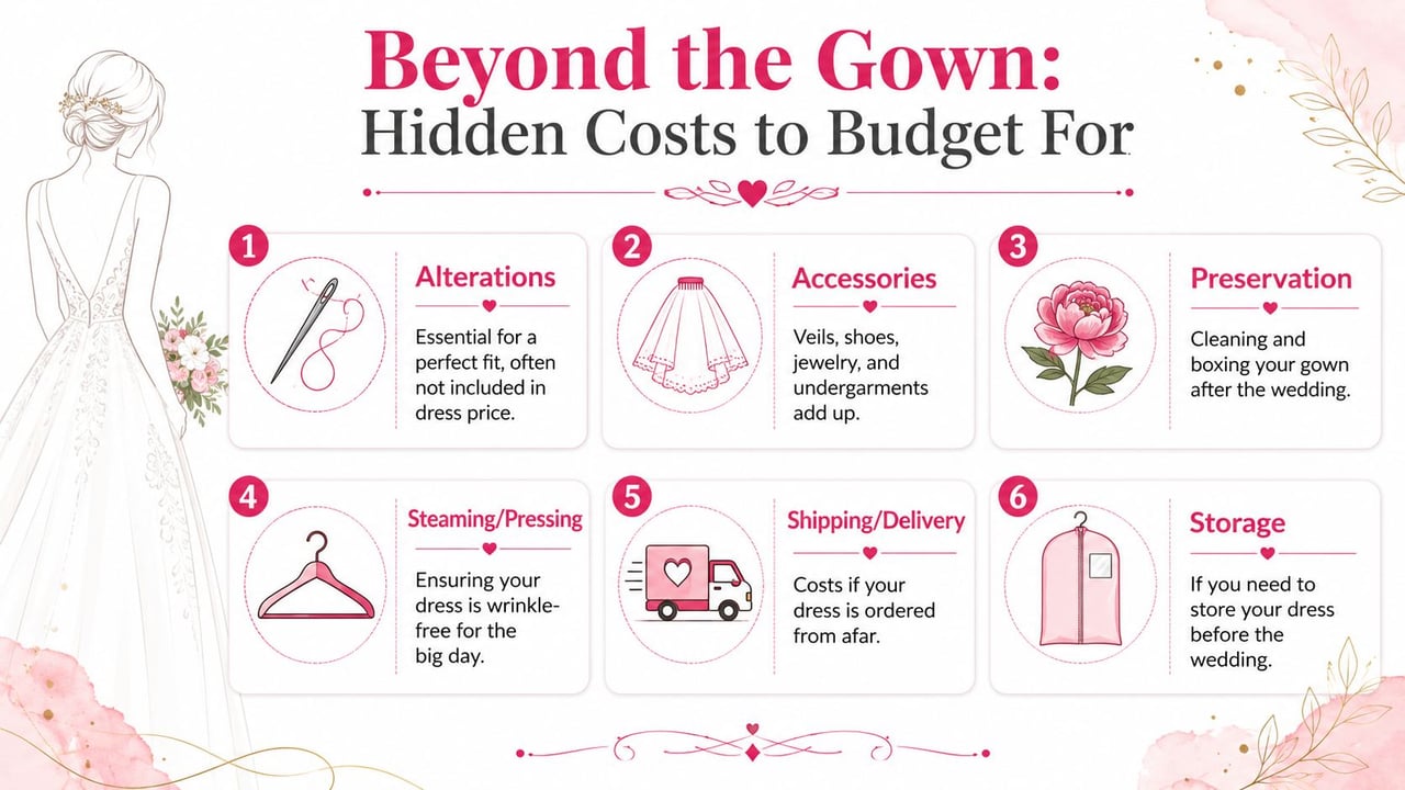An infographic titled Beyond the Gown explaining six hidden costs to budget for when buying a wedding dress.