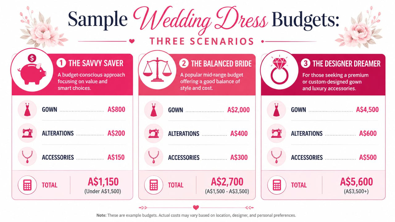 A table showing three sample wedding dress budget scenarios for different price ranges and spending styles.