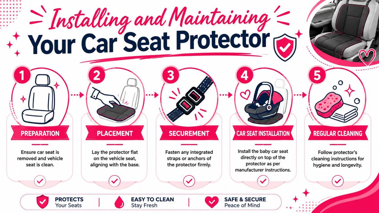 A step-by-step infographic showing how to install and maintain a baby car seat protector.