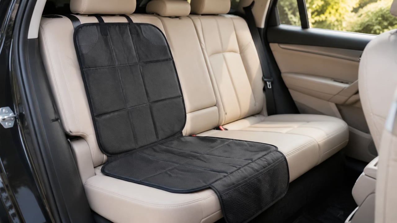 A black protective mat for a baby car seat installed on light-colored leather rear vehicle seats.