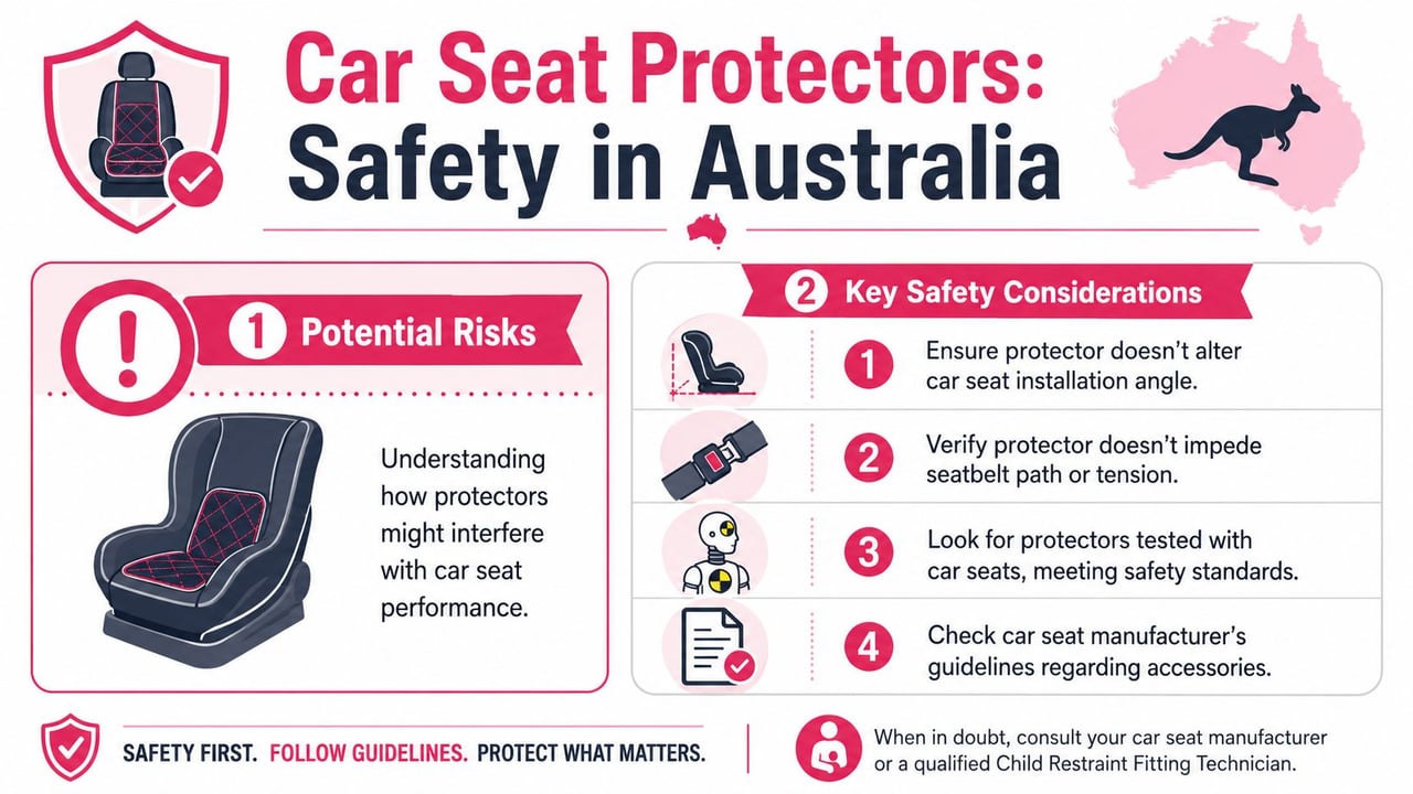 An infographic titled Car Seat Protectors: Safety in Australia showing risks and guidelines for child seat accessories.