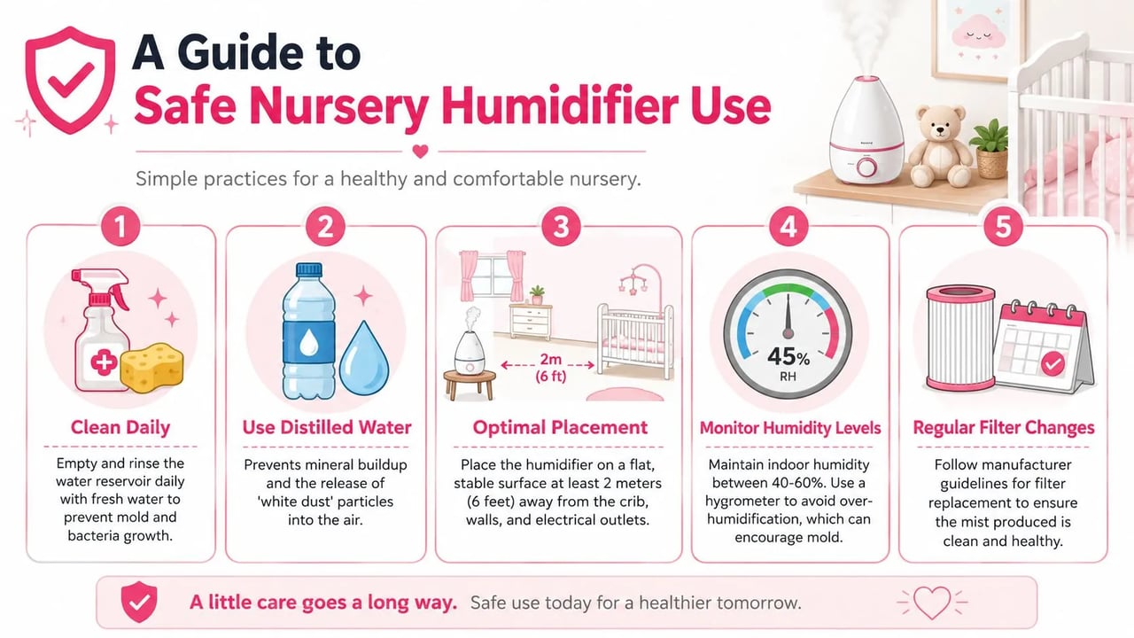 A guide infographic with five essential safety tips for using a humidifier in a baby nursery.